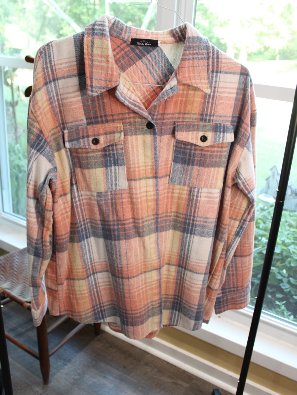 Trendy Queen Plaid Shacket Shirt Jacket Size Large | Pink Blue Cream